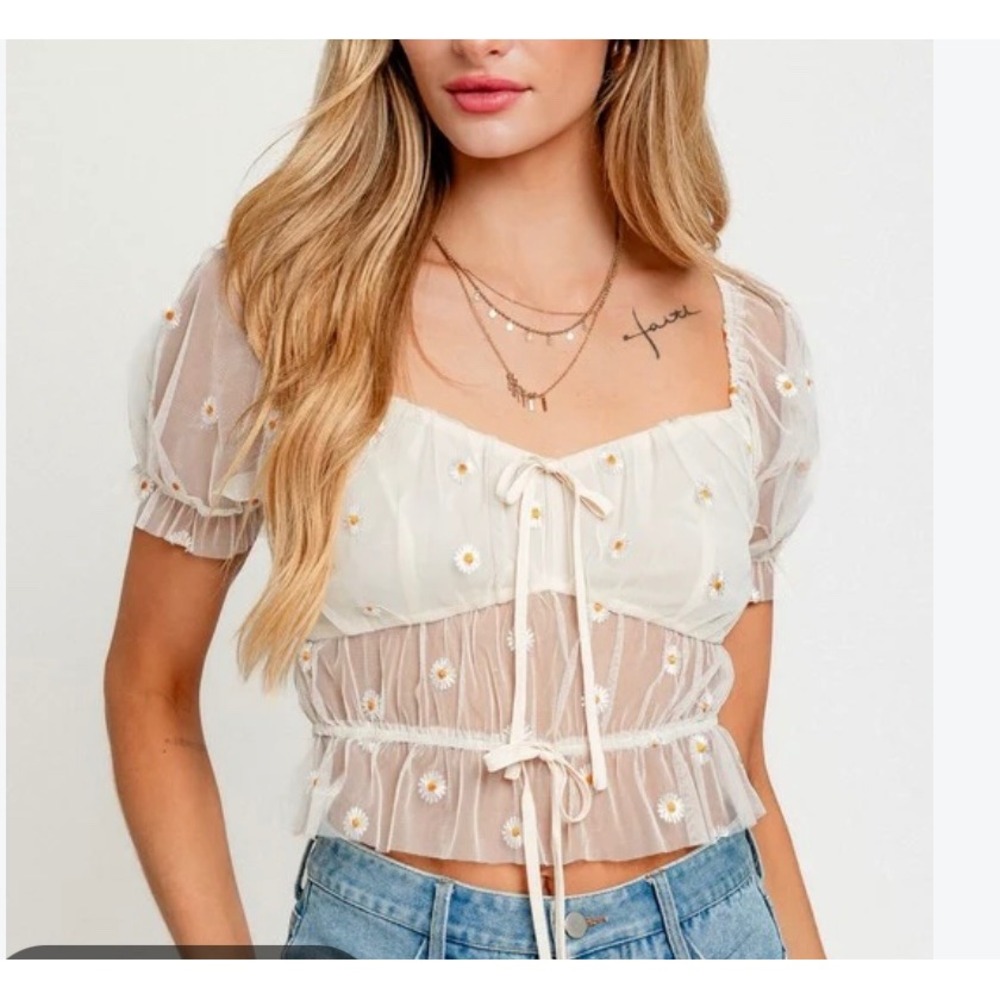 Le Lis Crop Top Sheer Mesh Embroidered Size S Cottagecore Festival Boho Fairy
